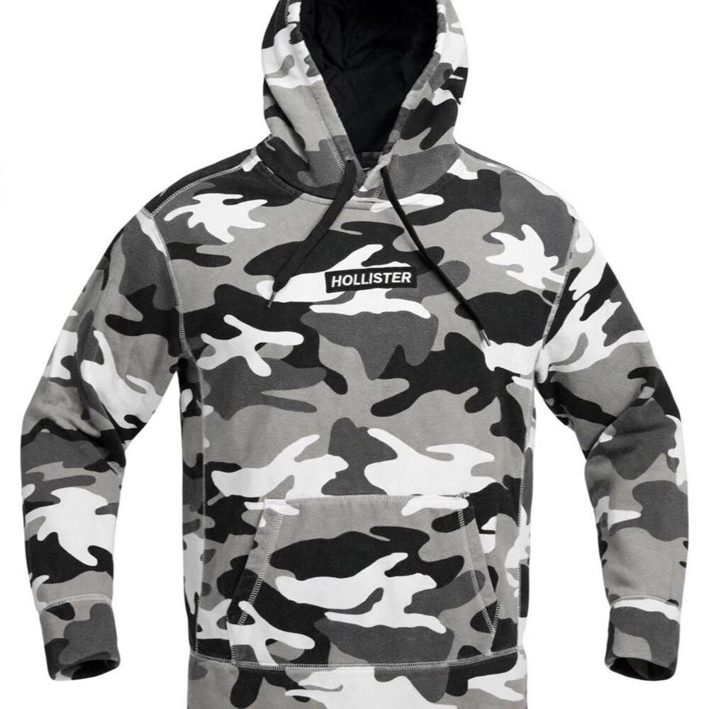 Hollister Hoodie Mens Large Gray White Snow Camo Box Logo Y2K Surf